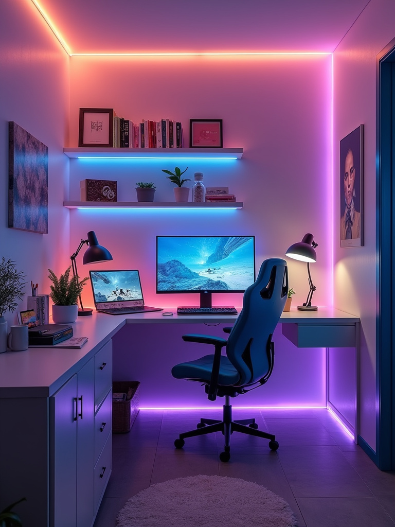 Tech-savvy teen bedroom with smart LED lighting, gaming setup, and modern design.
