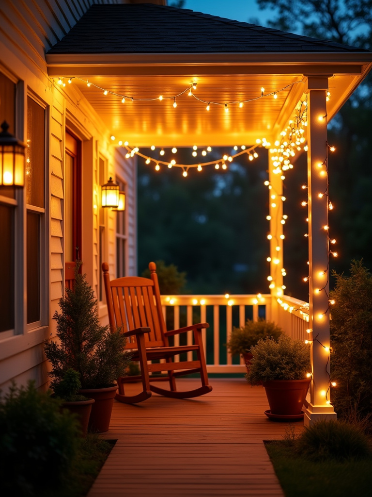 Porch with warm string lights creating a cozy and inviting atmosphere.