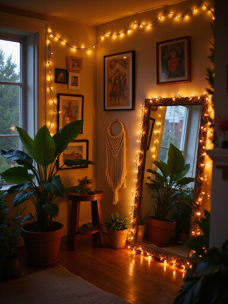 Boho living room with string lights creating a warm and inviting atmosphere.