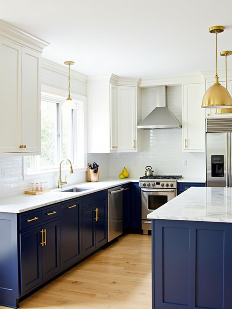 Modern two-tone kitchen with navy blue lower cabinets and white upper cabinets.