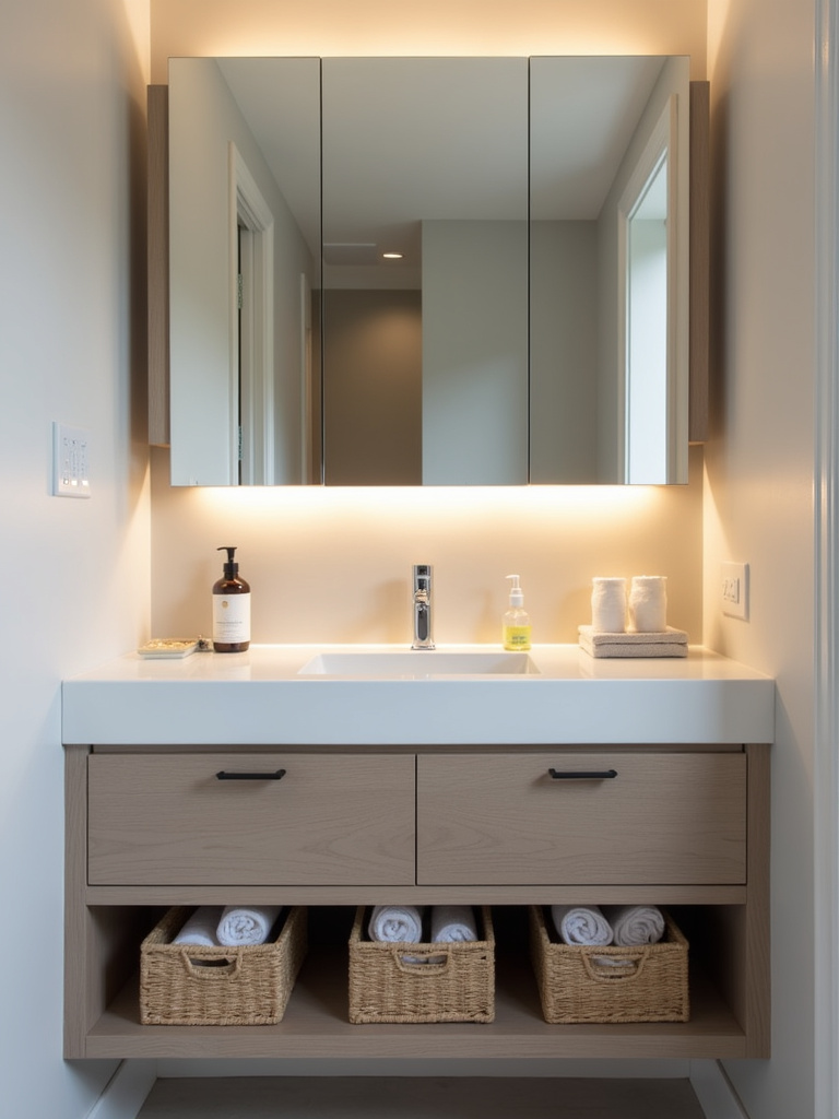 Small bathroom featuring a floating vanity with drawers and open shelving, and a mirrored cabinet with integrated lighting, maximizing storage and space.