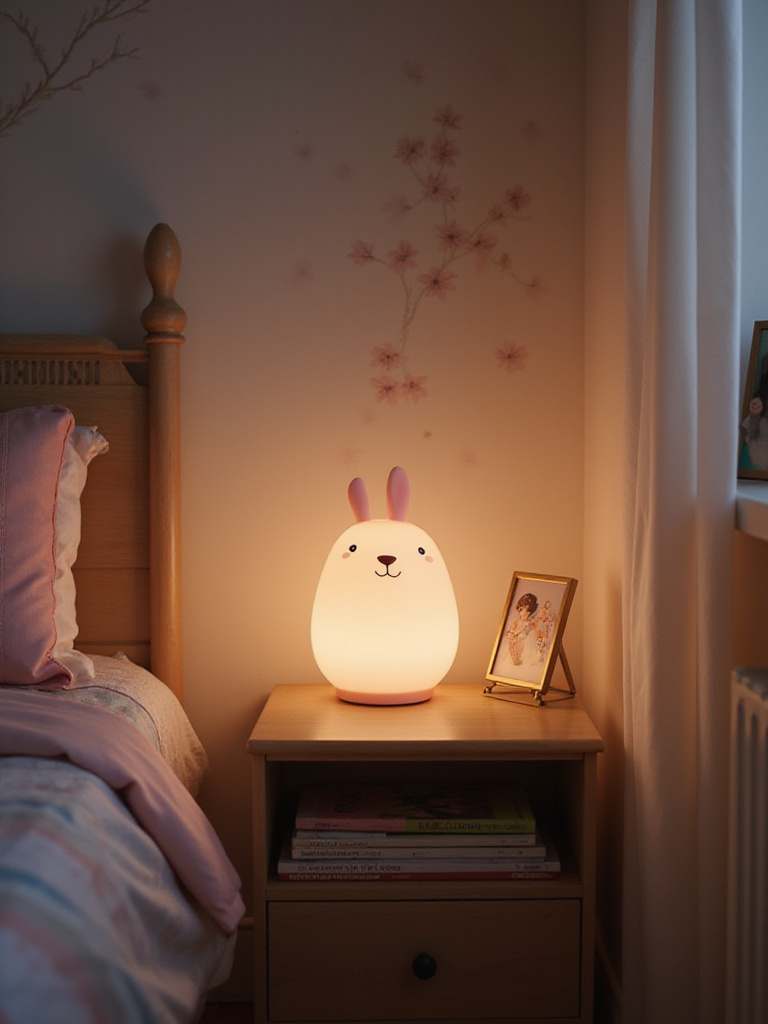 Bunny-shaped nightstand lamp casting a warm glow in a girl's bedroom.
