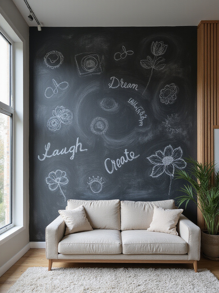 Modern living room with a dark grey chalkboard wall featuring whimsical chalk drawings.