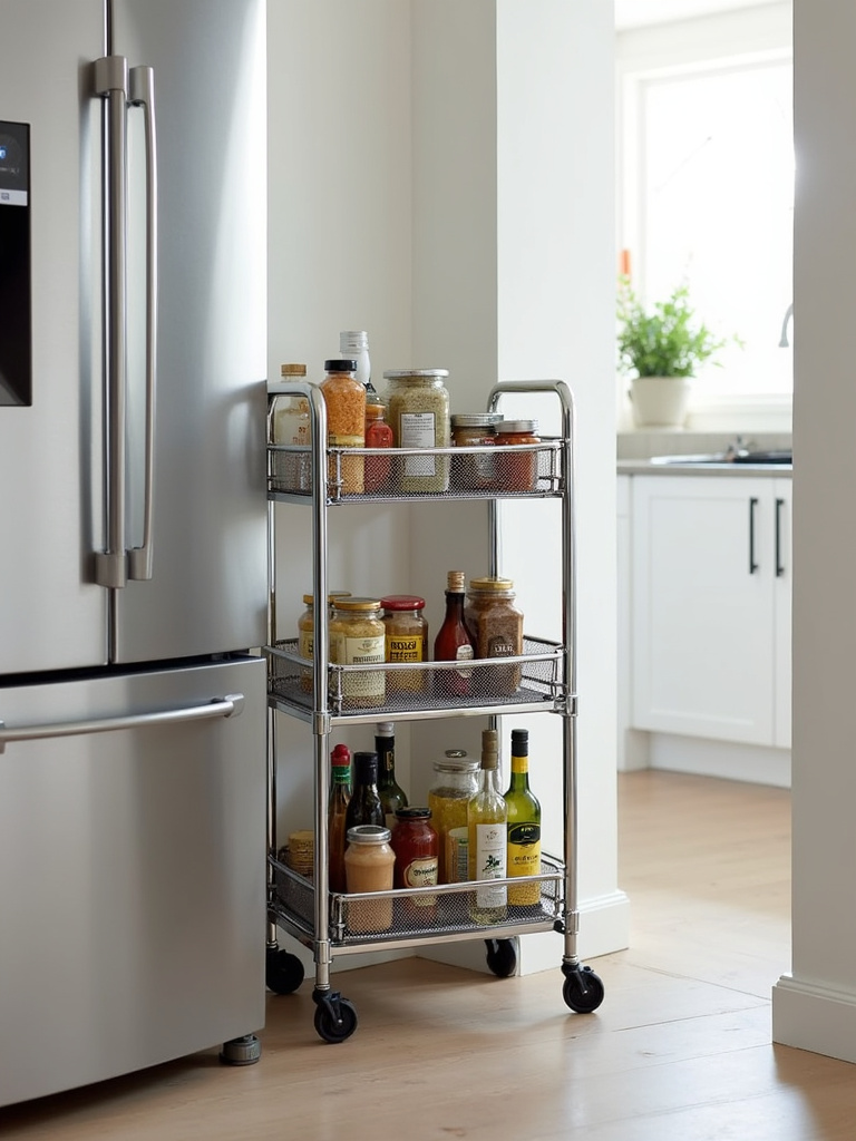 Slim rolling storage cart filling narrow space between refrigerator and wall in kitchen pantry, maximizing storage.