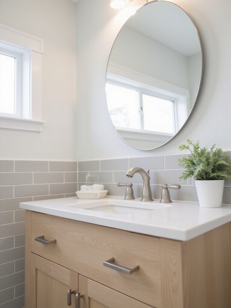 Bathroom vanity with light wood cabinets and brushed nickel hardware, creating a spa-like atmosphere.