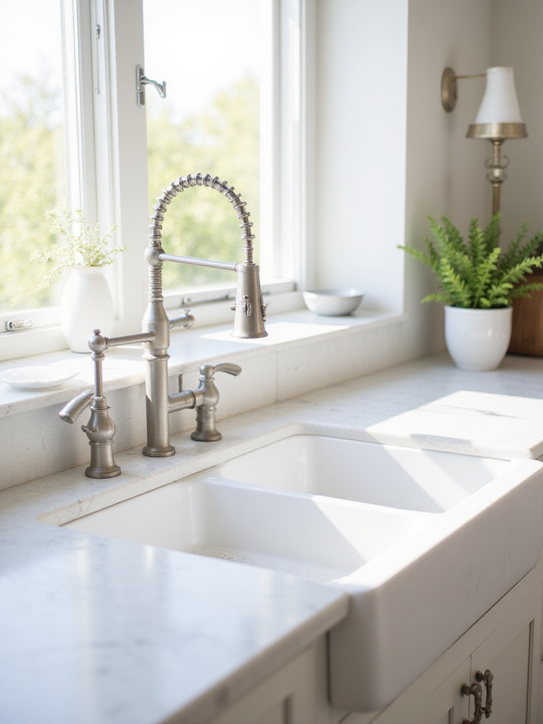 Modern kitchen with white farmhouse sink and brushed nickel pull-down faucet.