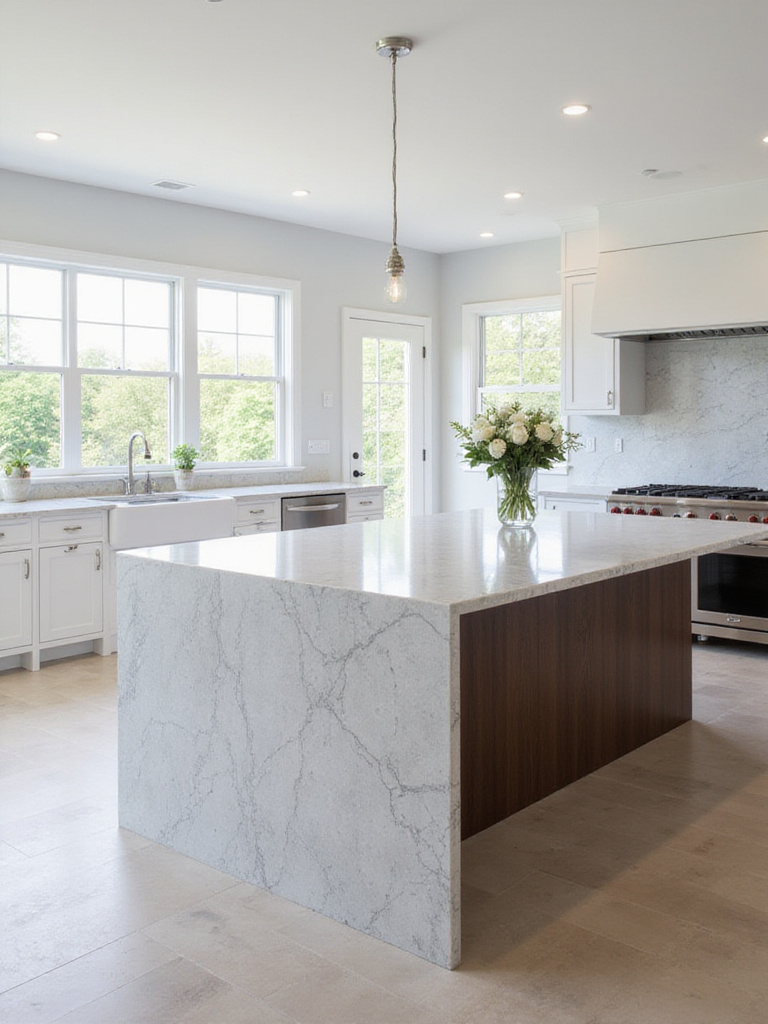 Modern kitchen with light gray quartz waterfall island and warm white quartz perimeter countertops.