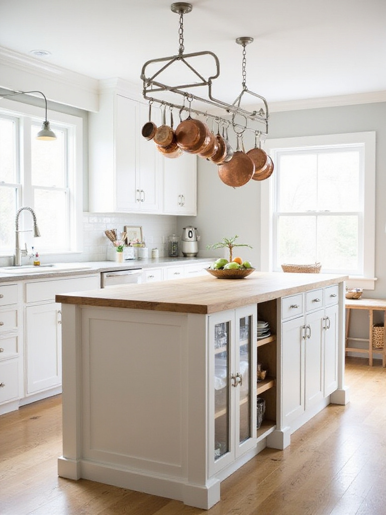 Kitchen island with vertical storage solutions including pantry cabinet and pot rack.
