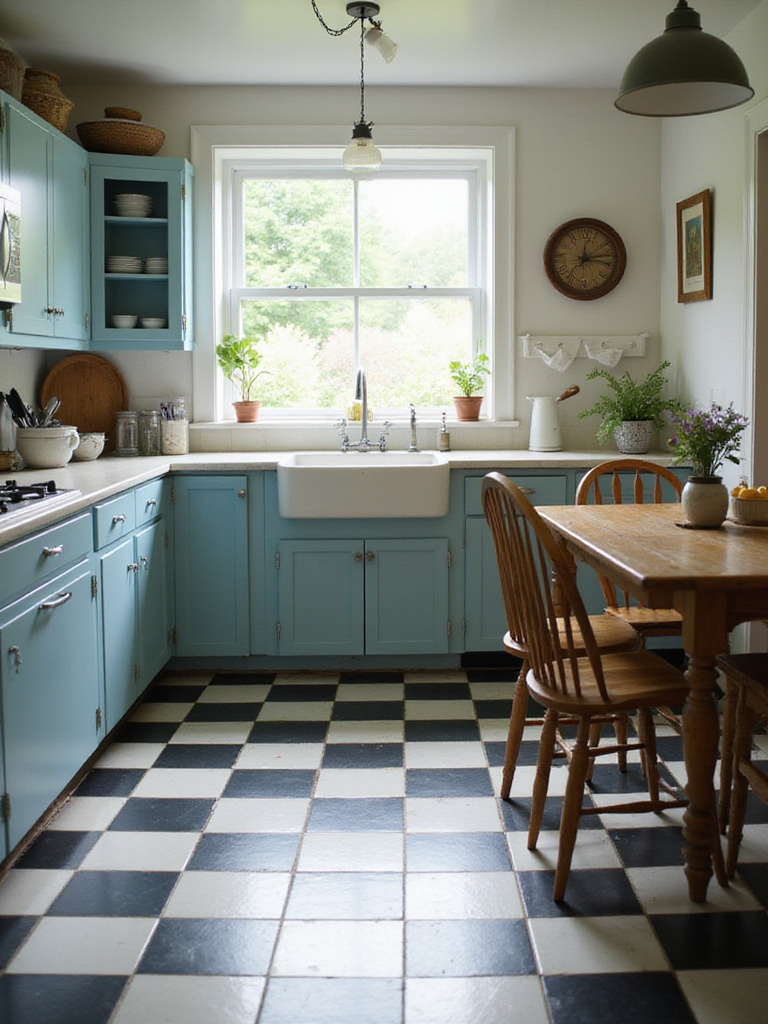 Cottage kitchen with black and white checkered linoleum flooring.