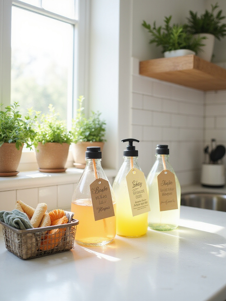 Eco-friendly kitchen cleaning products on a bright countertop.