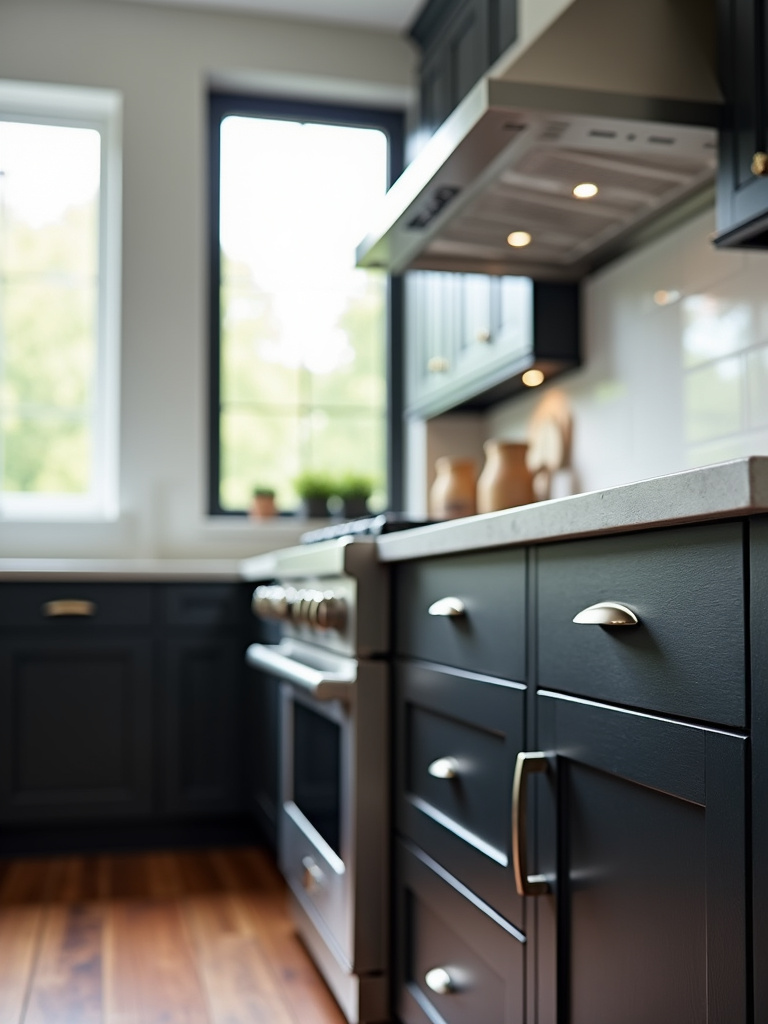 Black kitchen cabinets with brushed stainless steel hardware.