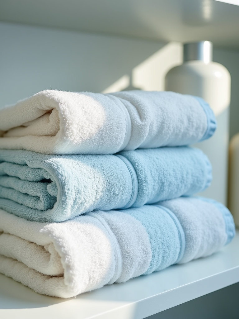 Coastal bathroom detail featuring soft linen towels in beachy hues, adding a luxurious and comfortable touch.