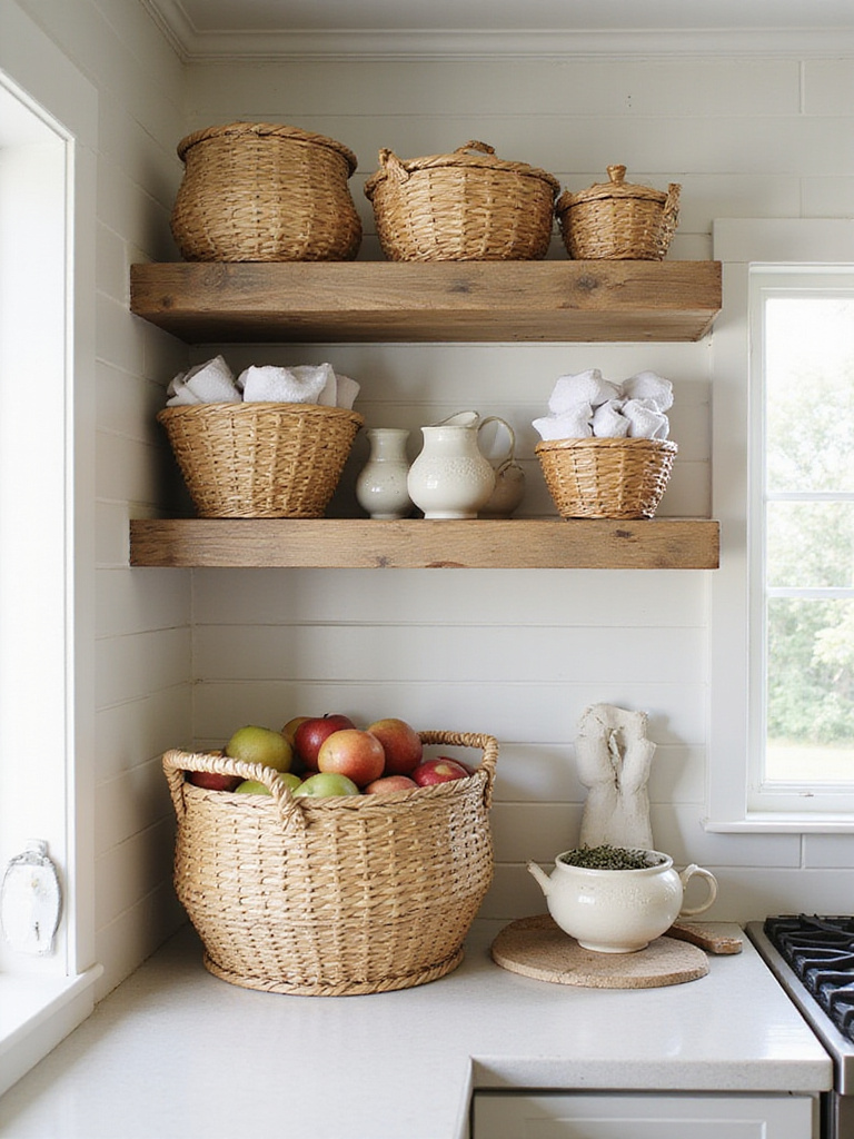 Wicker baskets used for stylish and practical storage on open shelving in a cottage kitchen.