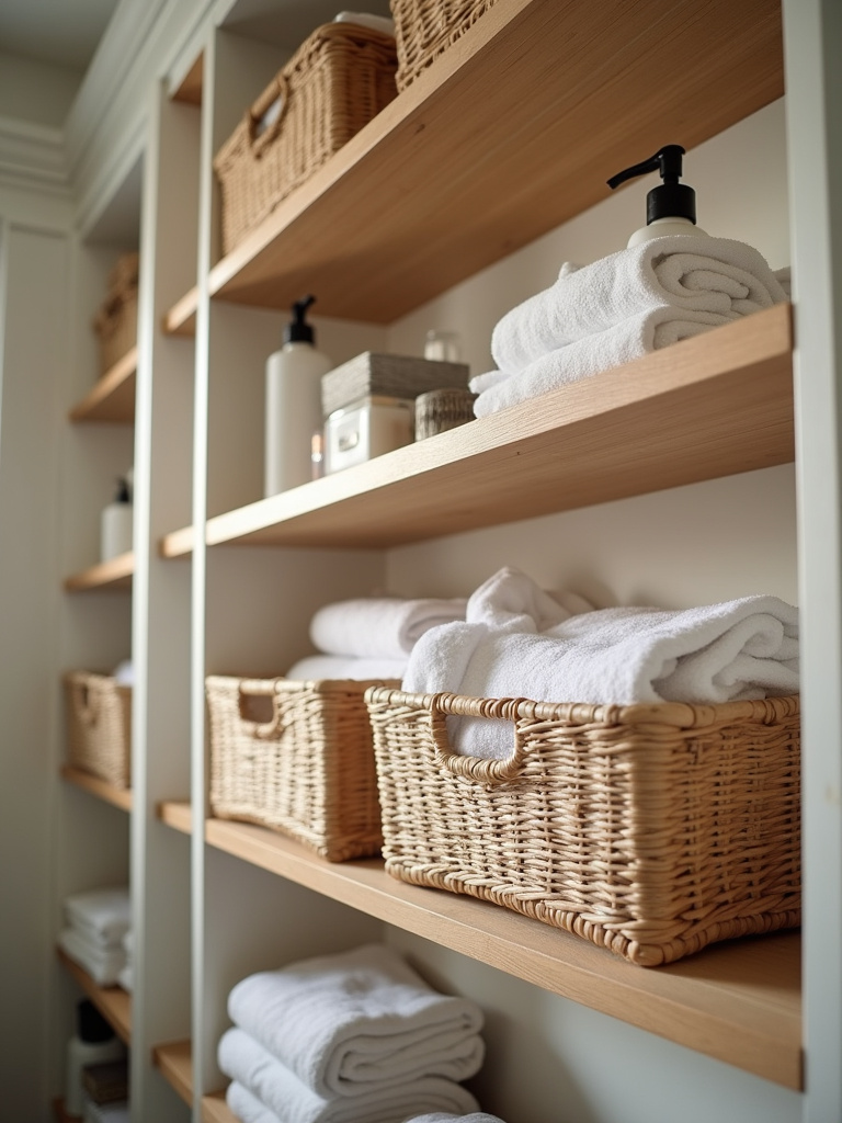 Stylish coastal bathroom storage solutions using woven baskets on shelves, combining functionality and natural aesthetics.