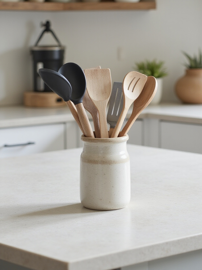 Stylish ceramic utensil holder filled with cooking utensils on a kitchen island.