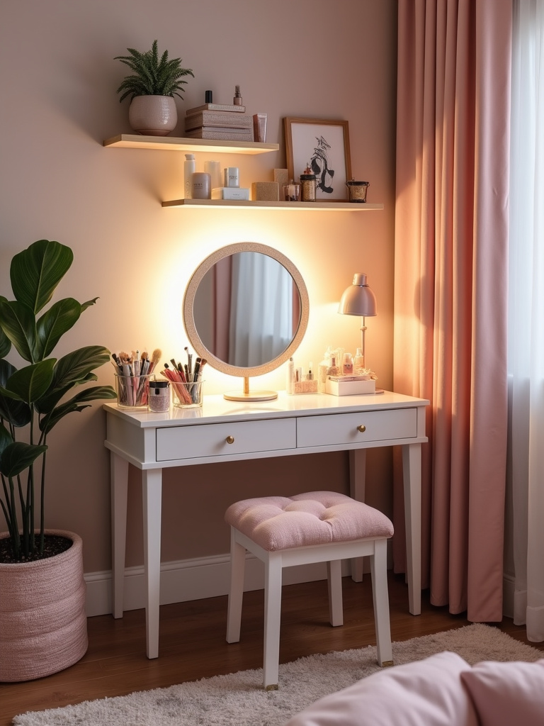 Teen bedroom vanity area with lighted mirror, cosmetic organizers, and soft lighting.