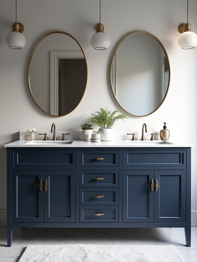 Modern bathroom with a stylish dark blue double sink vanity and gold hardware.