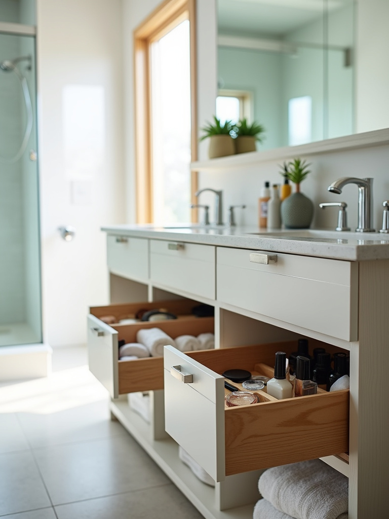 Bathroom vanity with ample drawer and cabinet storage maximizing space and organization.