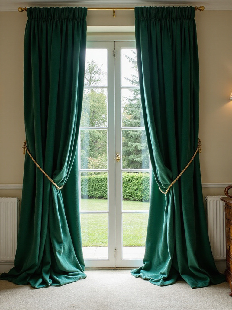 Emerald green velvet curtains in a luxurious living room.
