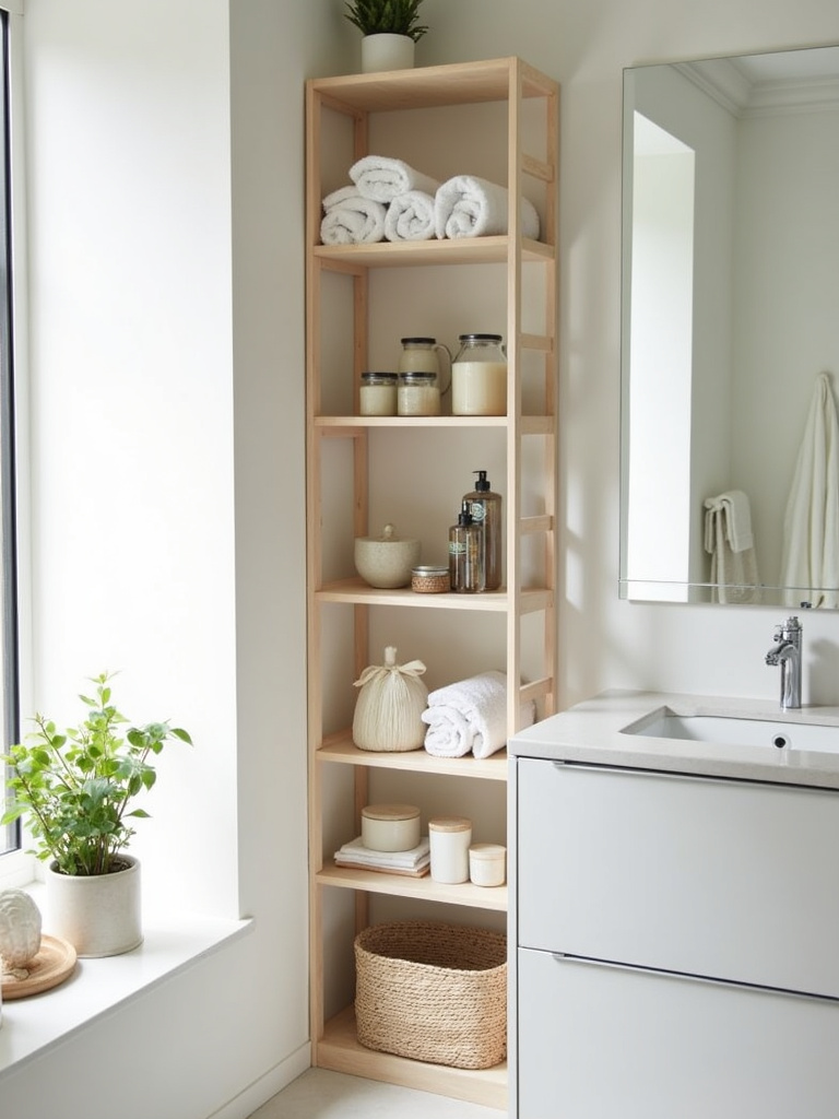 Bathroom with stylish vertical storage shelving unit filled with towels and toiletries