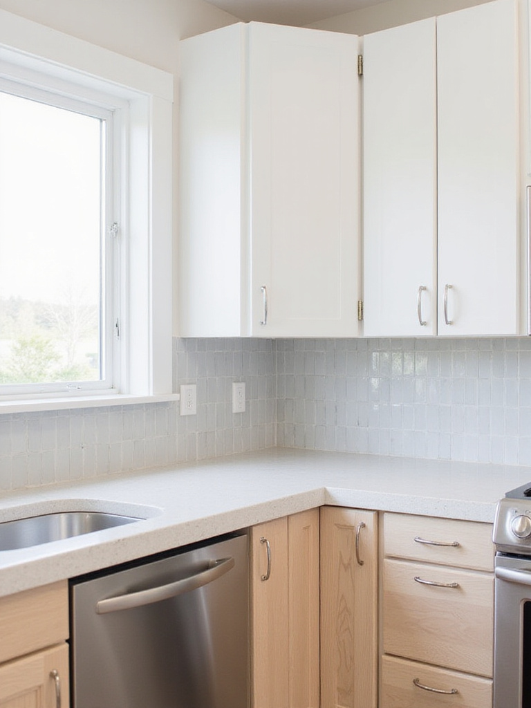 Modern kitchen with vertical light grey subway tile backsplash