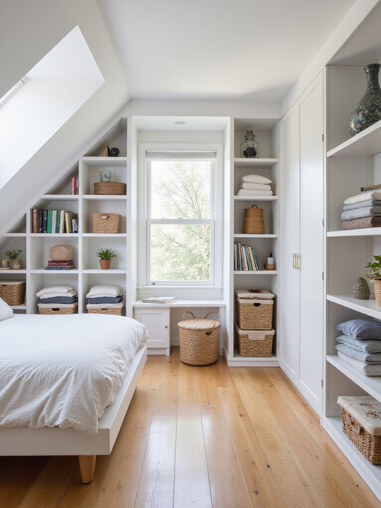 Attic bedroom with tall, custom-built shelving maximizing vertical storage space.