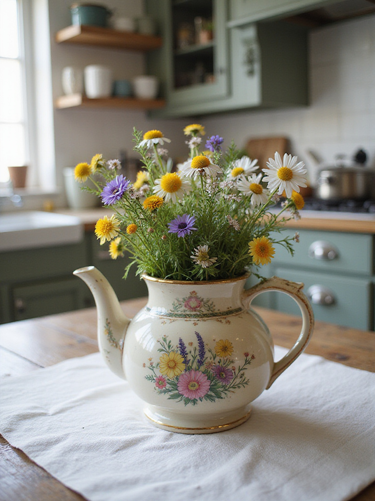 Vintage teapot overflowing with wildflowers as a kitchen table centerpiece