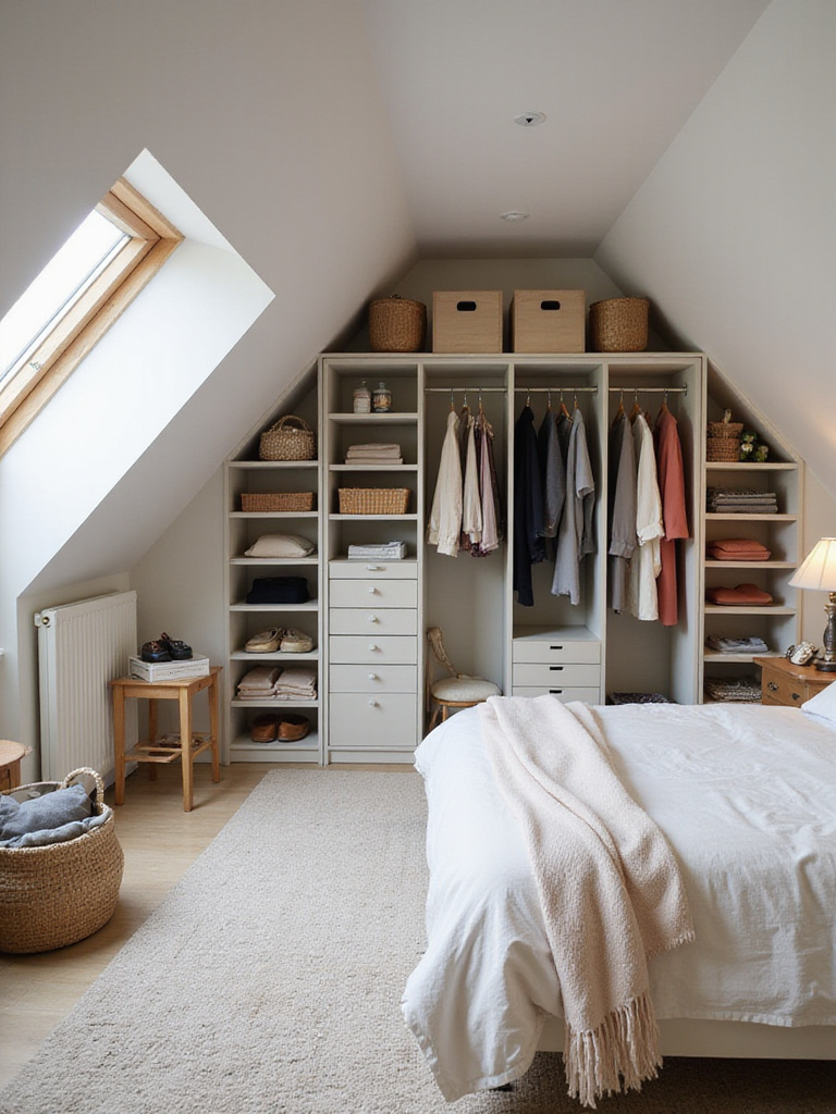 Attic bedroom with custom walk-in wardrobe built under the eaves.