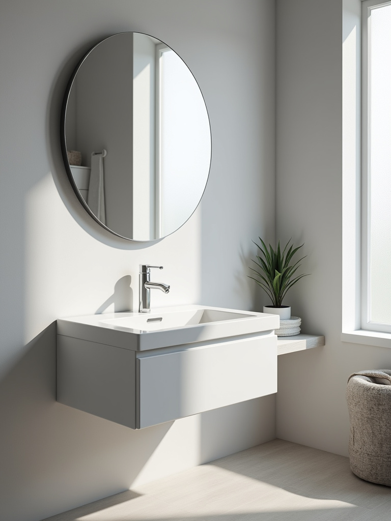 Small bathroom with a white wall-mounted sink and floating shelf.