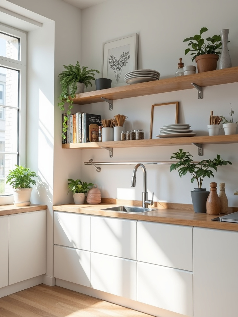Stylish and practical open shelving in a modern apartment kitchen.