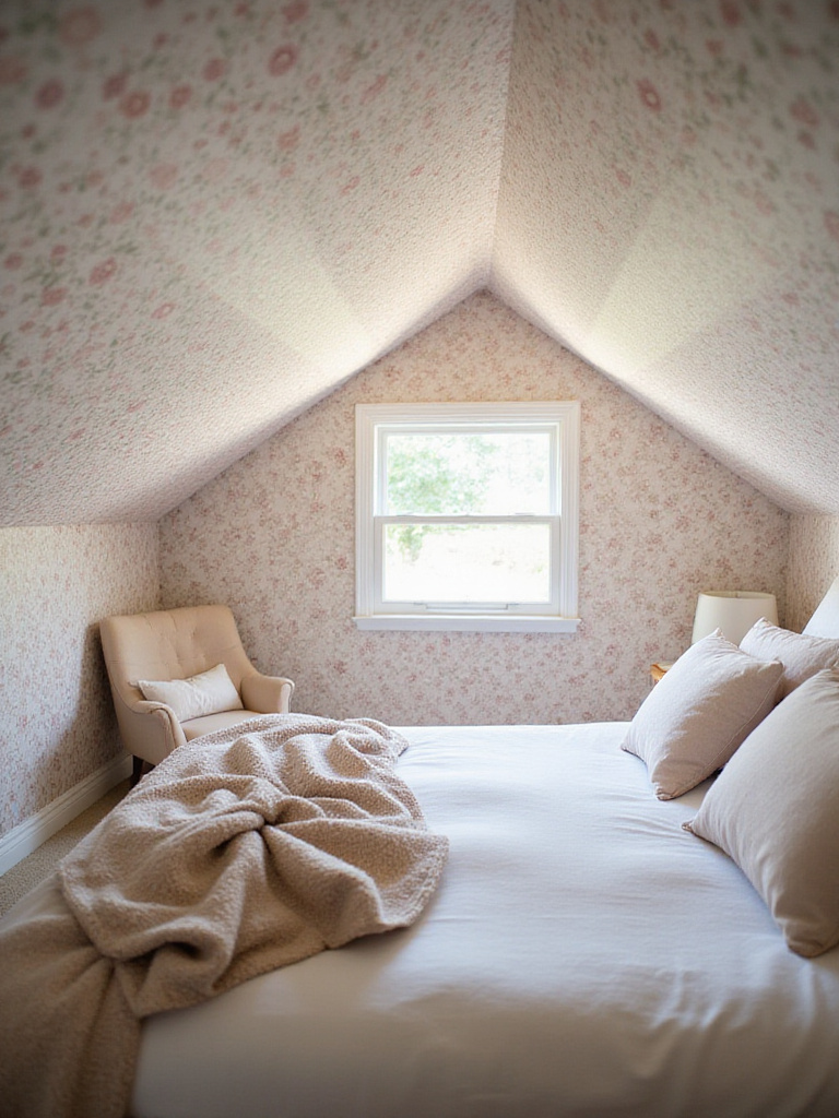Attic bedroom with floral wallpaper on slanted ceilings.
