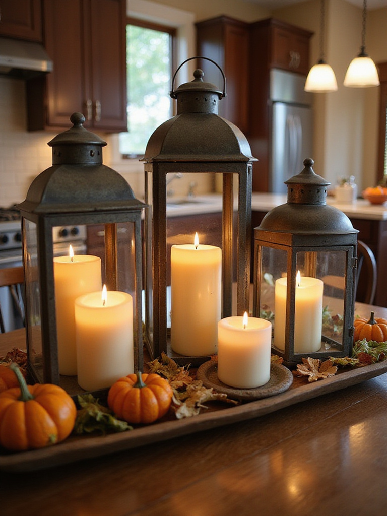 Rustic lanterns with pillar candles centerpiece on a kitchen table creating a cozy atmosphere.