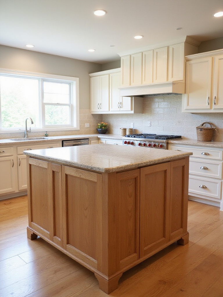 Warm oak kitchen island with light granite countertop in a bright, spacious kitchen.