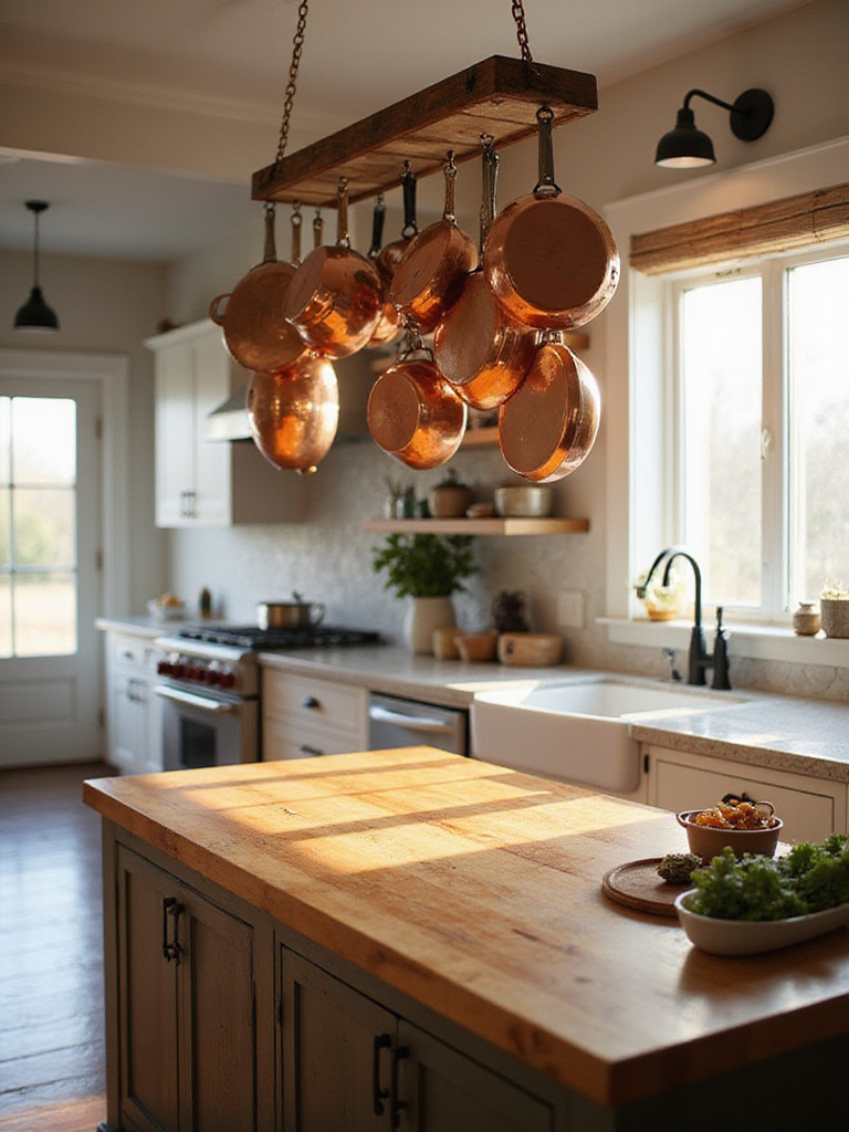 Farmhouse kitchen with copper pots and pans hanging from a pot rack.