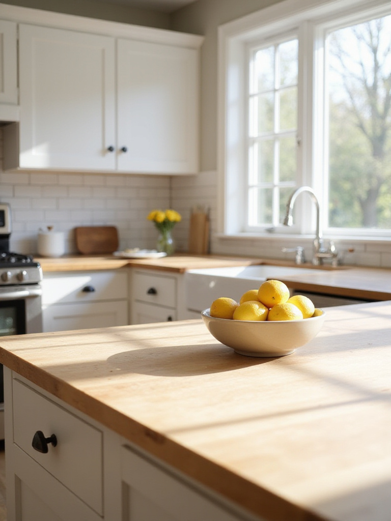 Farmhouse kitchen with warm butcher block countertops