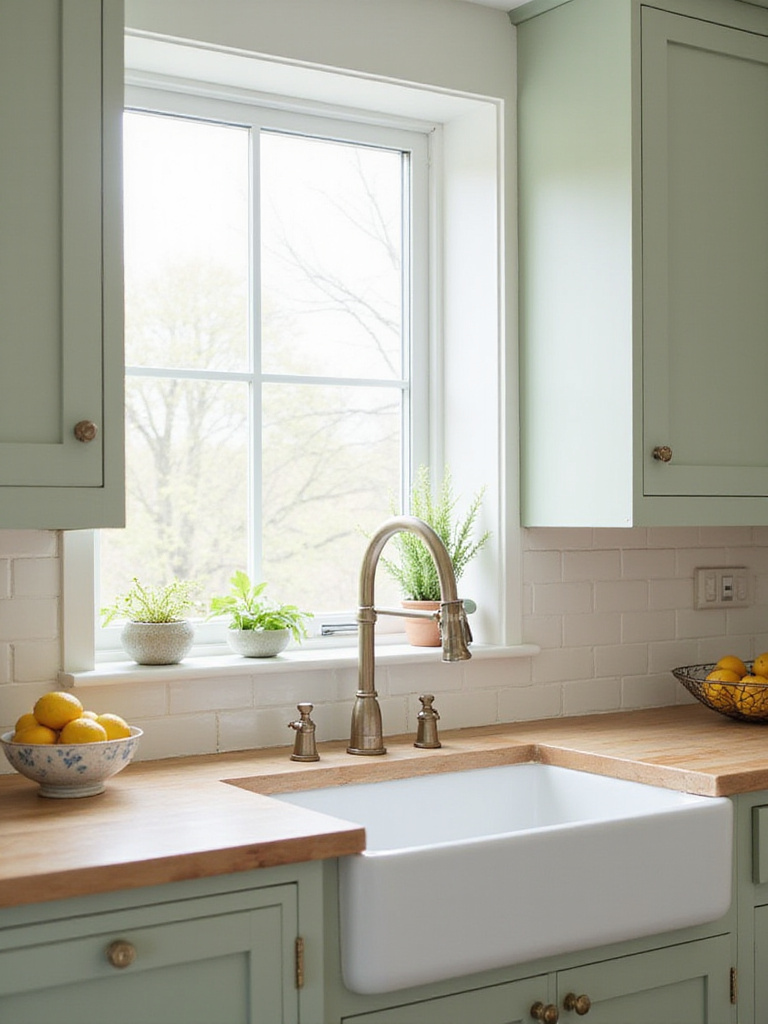 Cottage kitchen with light wood countertops and sage green cabinets