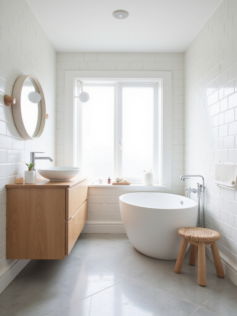 Bathroom with natural wood vanity and spa-like decor.