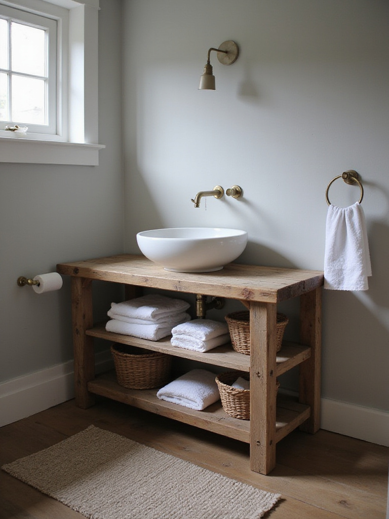 Rustic wood vanity with vessel sink in farmhouse bathroom