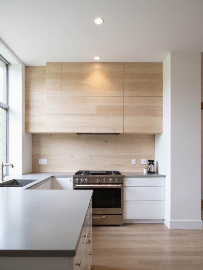 Modern kitchen with a warm wood plank backsplash