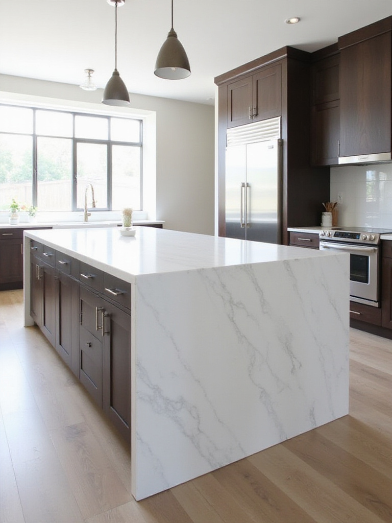 Modern kitchen island with white quartz waterfall countertop.