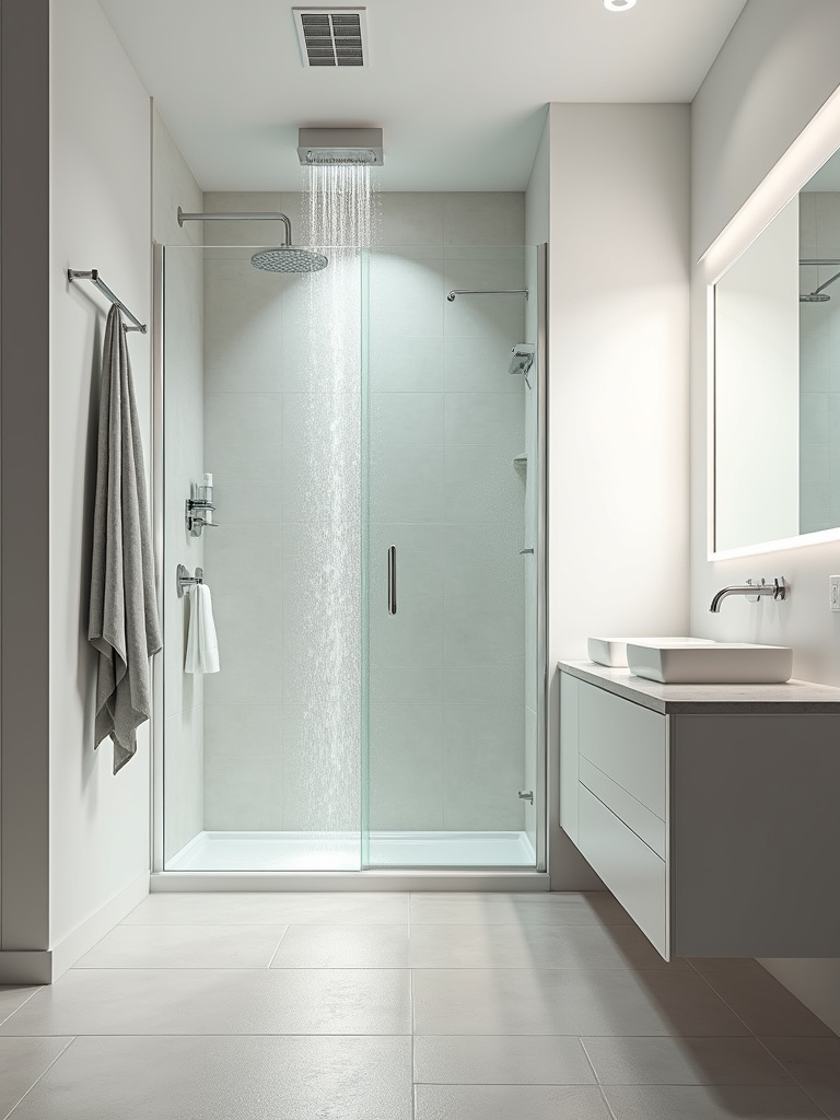 Modern bathroom renovation with waterproof materials including porcelain tile shower and flooring, solid surface countertop, and moisture-resistant paint.