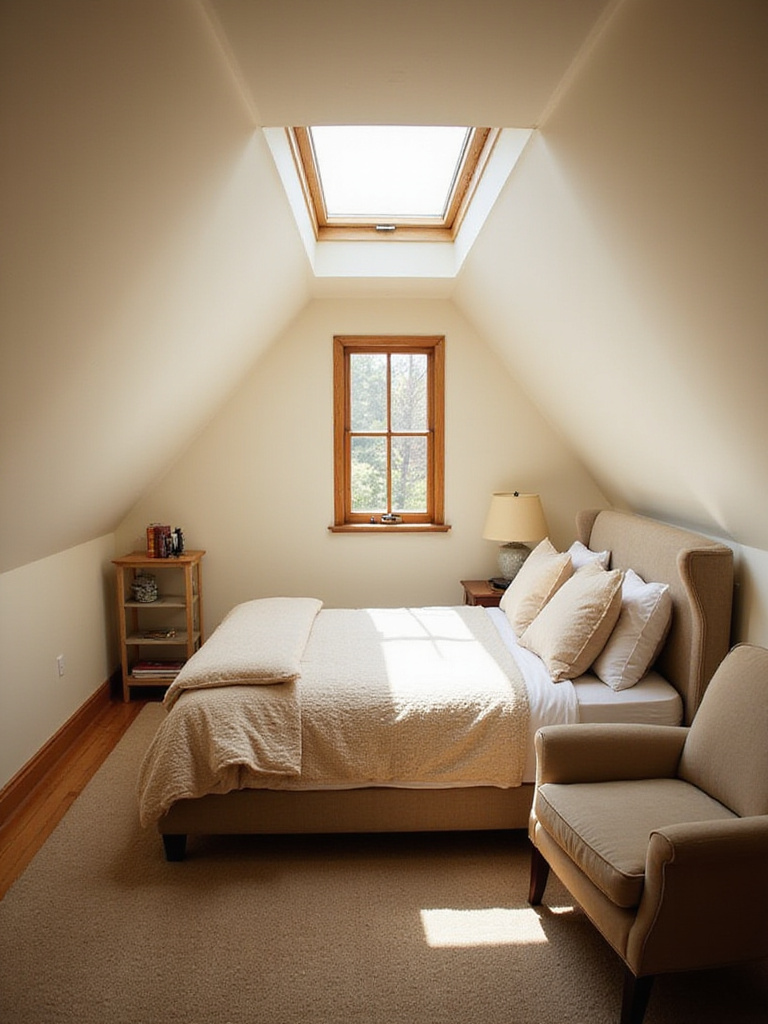 Cozy and inviting attic guest bedroom with skylight and dormer window