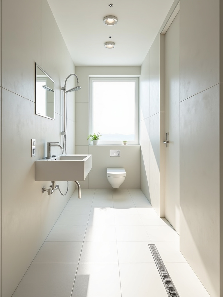 Modern wet room design with linear drain and wall-mounted fixtures maximizing space in a small bathroom.