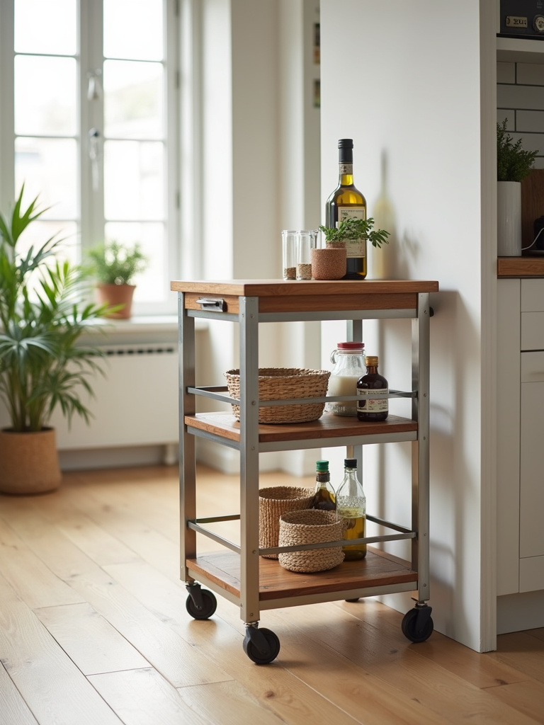 Rolling kitchen cart providing extra storage and counter space in a modern apartment kitchen.