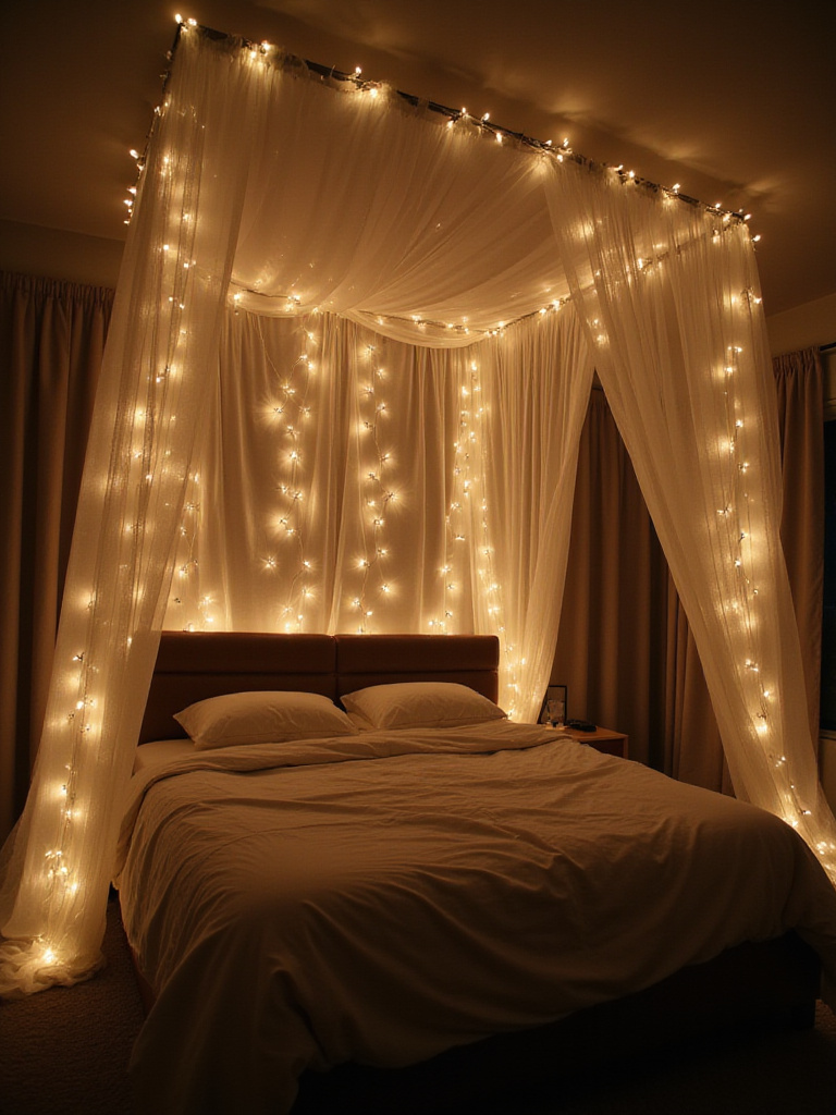 Bedroom with string light canopy creating a cozy and magical ambiance