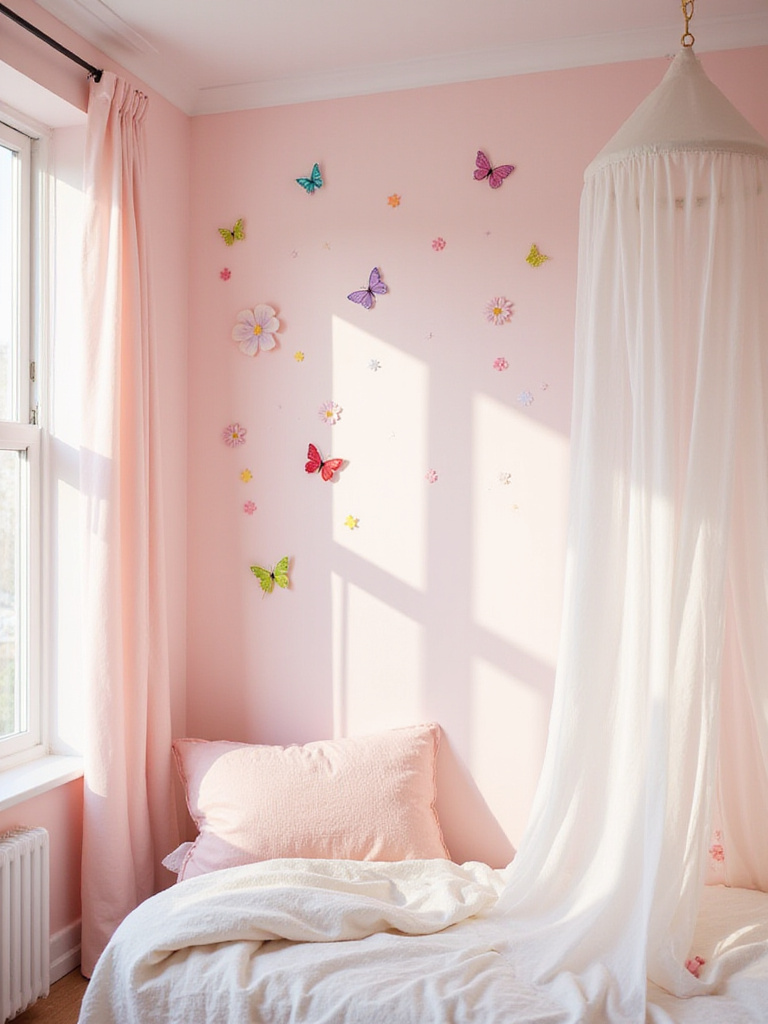 Girl's bedroom with whimsical butterfly and flower wall decals