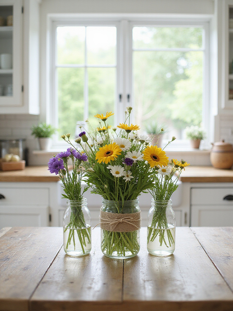Rustic wildflower centerpiece in mason jars on a kitchen table