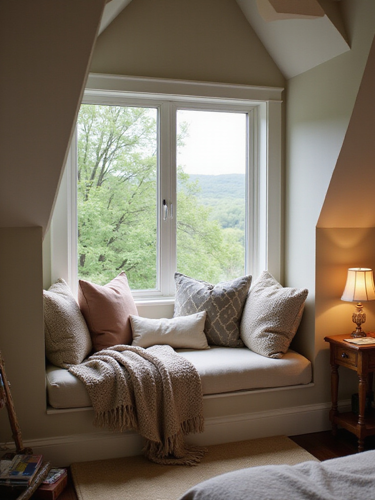 Cozy attic bedroom with a window seat offering a relaxing view.