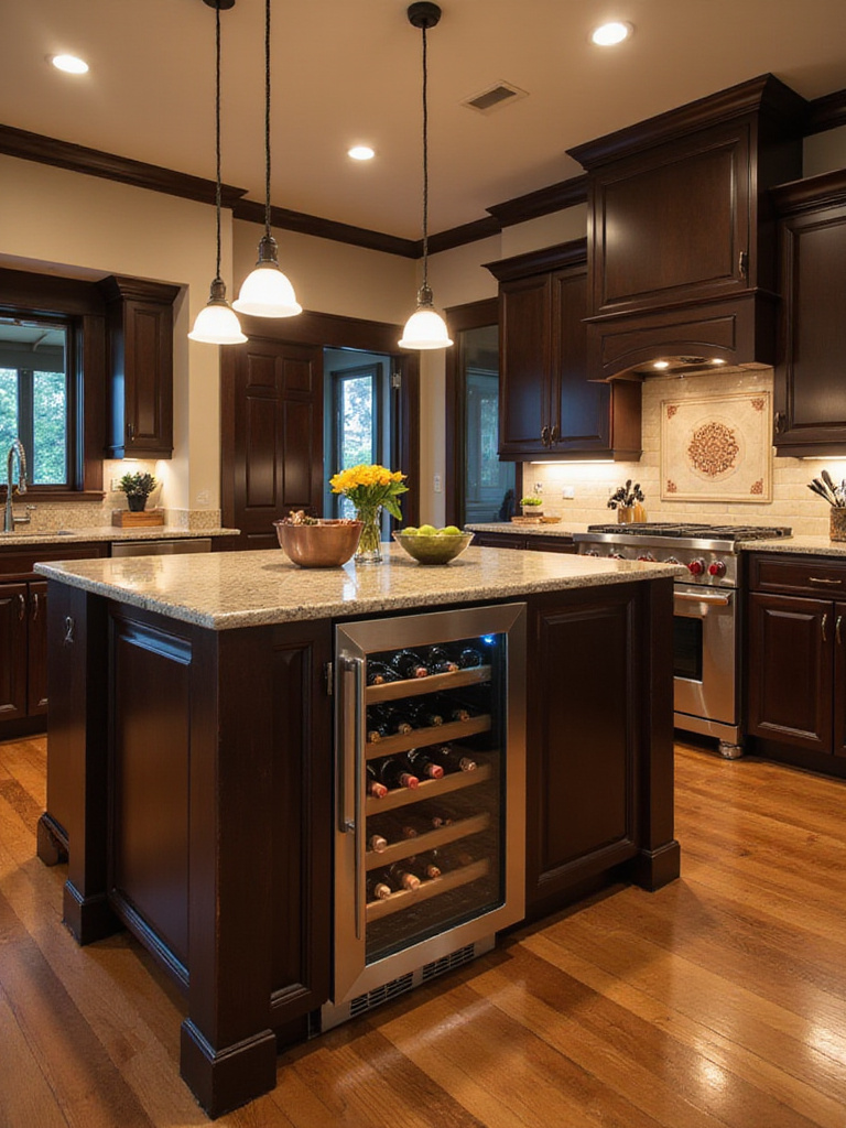 Kitchen island with built-in wine fridge showcasing wine bottle storage