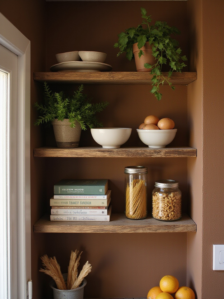 Brown kitchen with wooden open shelving displaying natural décor.